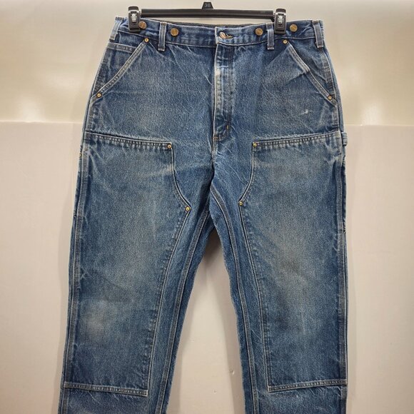VINTAGE Carhartt Jeans Men 38x34 Blue Double Knee Logger Medium Wash B07 DNM Y2K - Picture 1 of 9